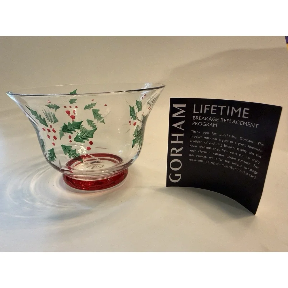 Gorham Festive Holly Candy Dish Hand Cut Painted 5" Diameter Christmas Glass - Picture 2 of 10